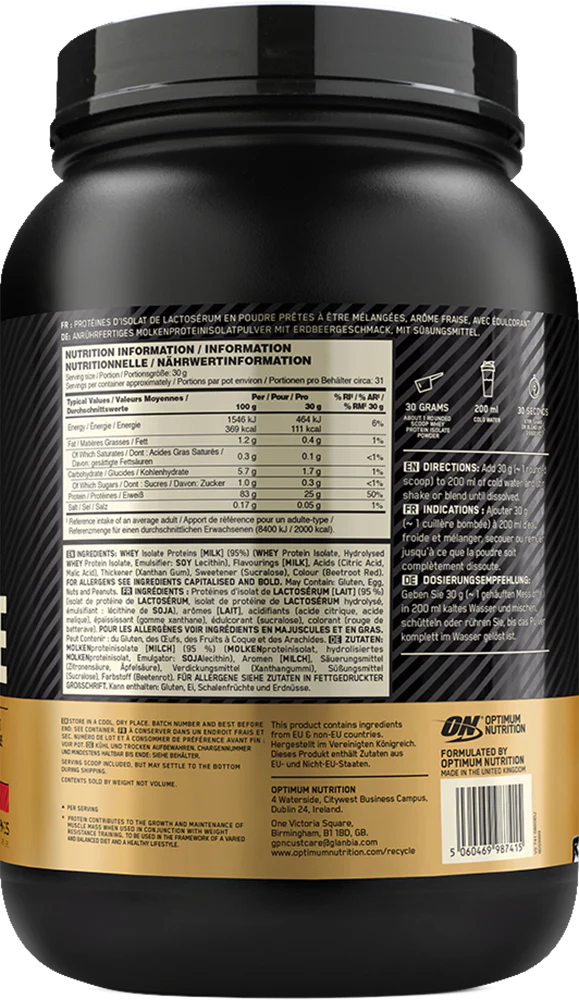 Ladda bild till gallerivisaren, Optimum Nutrition Gold Standard 100% Isolate - 930 g Strawberry