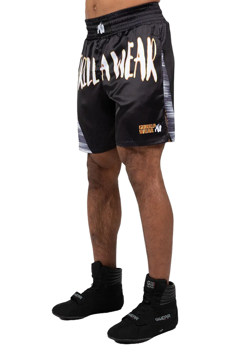  Ladda bild till gallerivisaren, Gorilla Wear Clayton Boxing Shorts, black/gold

