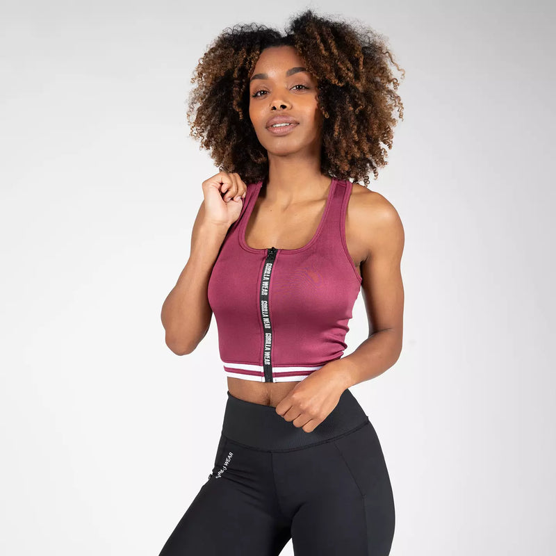  Ladda bild till gallerivisaren, Gorilla Wear Mesa Zip Front Crop Top, burgundy red
