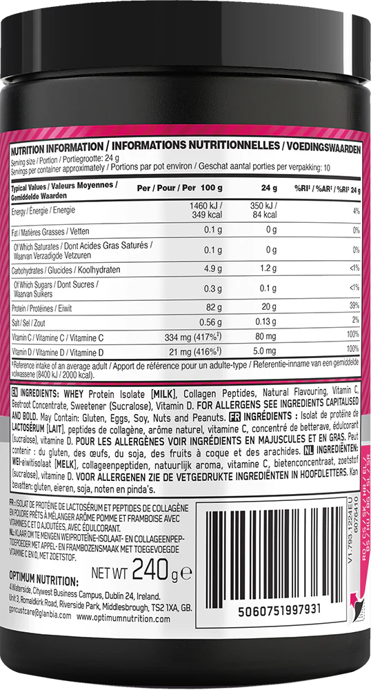  Ladda bild till gallerivisaren, Optimum Nutrition Gold Standard Clear Whey + Collagen - 240 g Apple &amp; Raspberry
