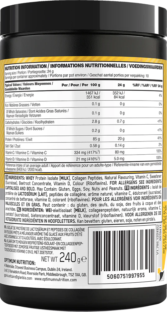  Ladda bild till gallerivisaren, Optimum Nutrition Gold Standard Clear Whey + Collagen - 240 g Summer Fruit Ice Tea
