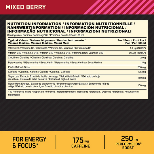 Optimum Nutrition Gold Standard Pre-workout Shot - 12 x 60 ml - Mixed Berry